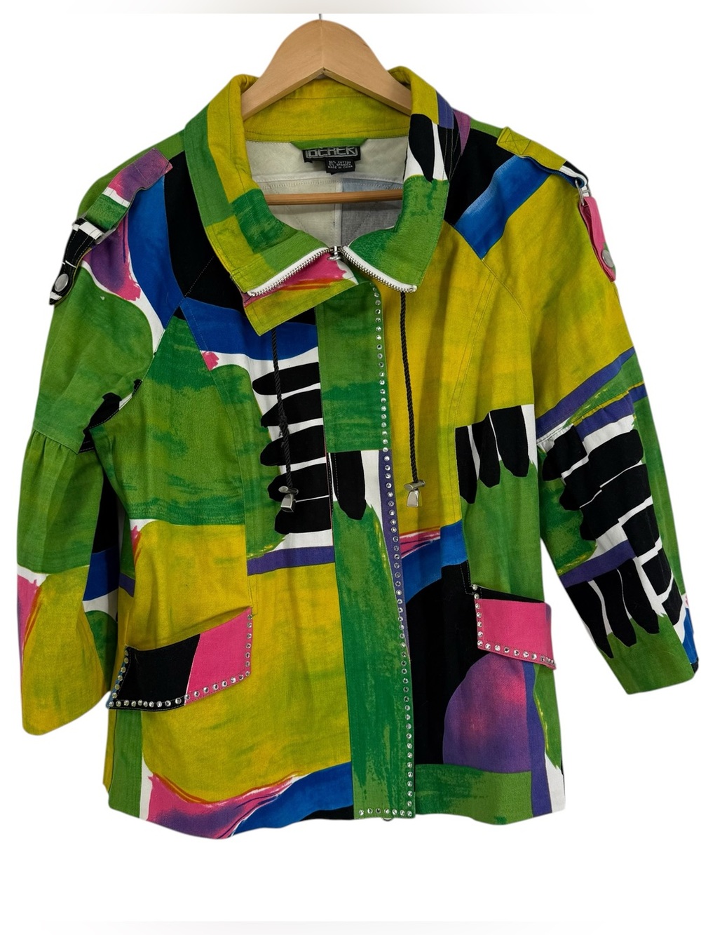 Berek Jacket Women's Large Geometric Wearable Art 3/4 Sleeve 80s Zip Up Bling